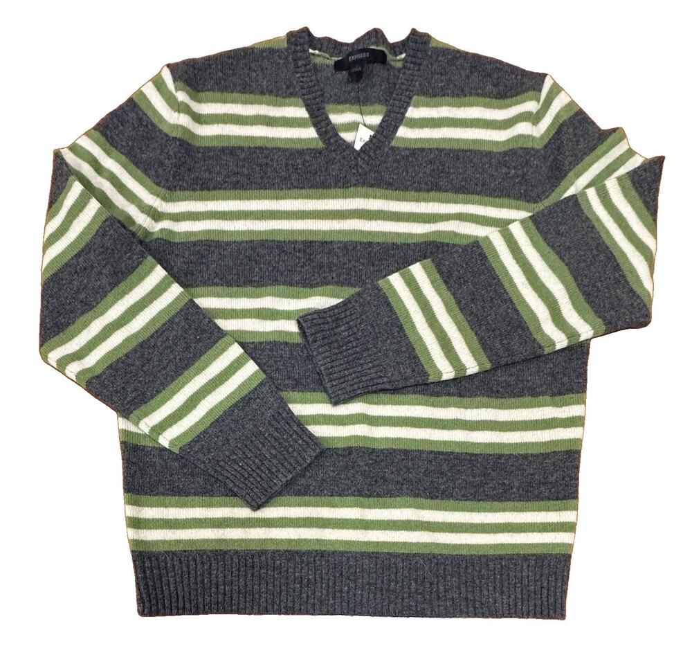 Express Mens V Neck Sweater 100% Lambswool Wool Green Gray Pullover NWT Size L